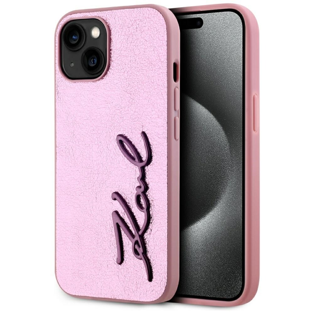 Karl Lagerfeld iPhone 15-fodral i skrynklig metall - rosa