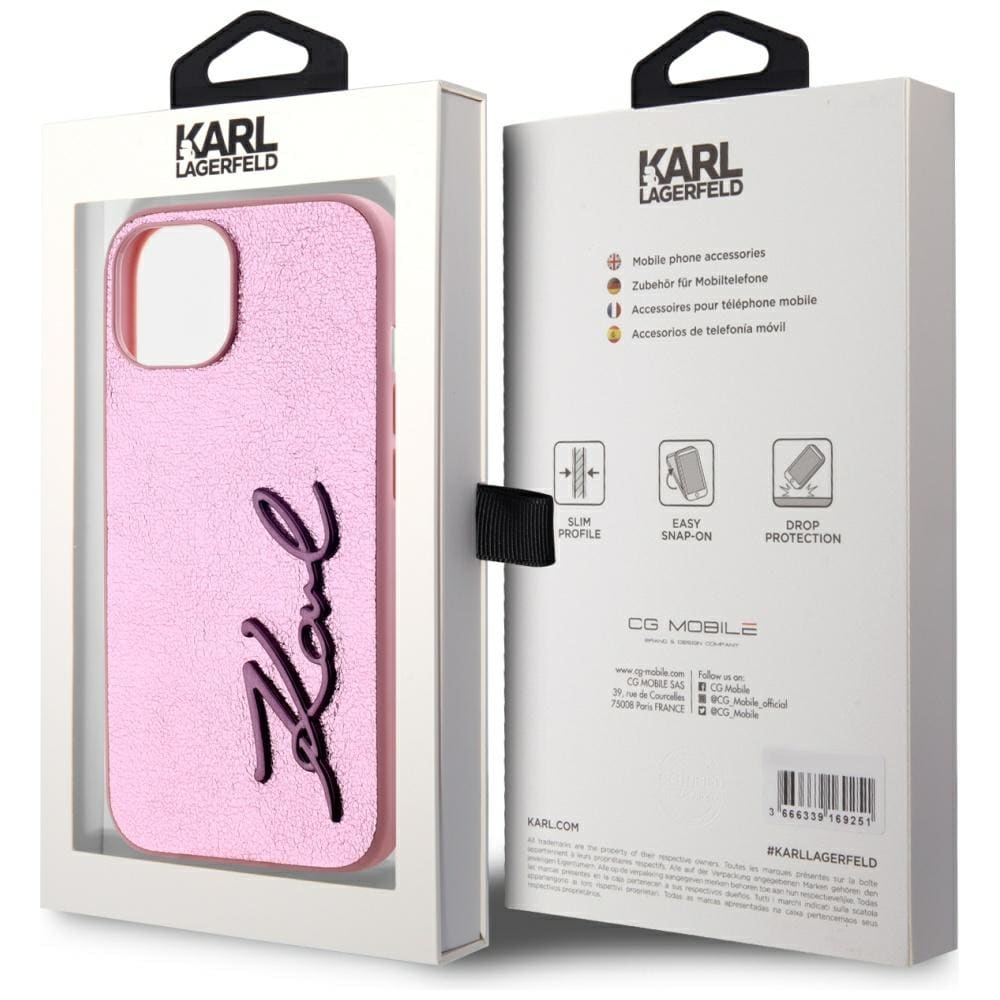 Karl Lagerfeld Wrinkled Metal Signature iPhone 15 taske - Pink