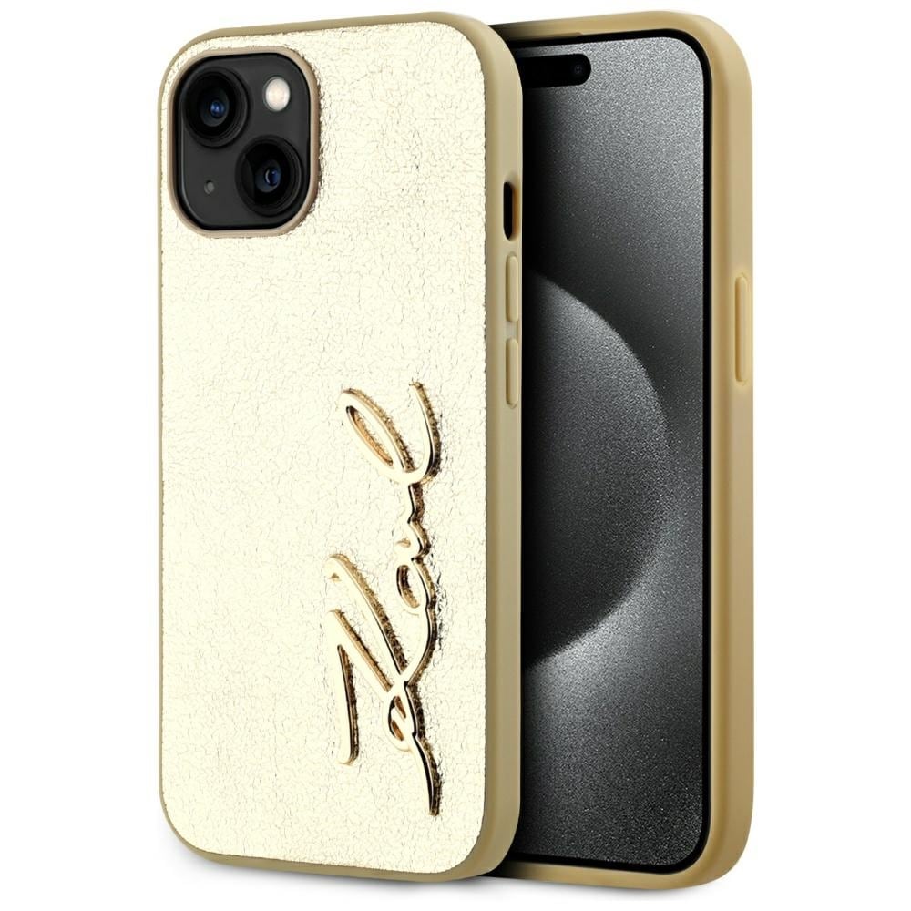 Karl Lagerfeld iPhone 15-fodral med signatur i skrynklig metall - guld