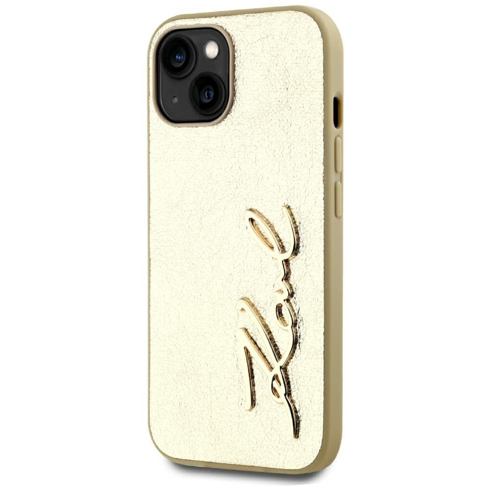 Karl Lagerfeld iPhone 15-fodral med signatur i skrynklig metall - guld