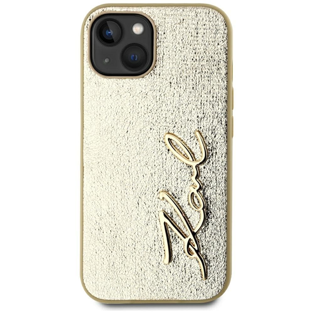Karl Lagerfeld iPhone 15-fodral med signatur i skrynklig metall - guld