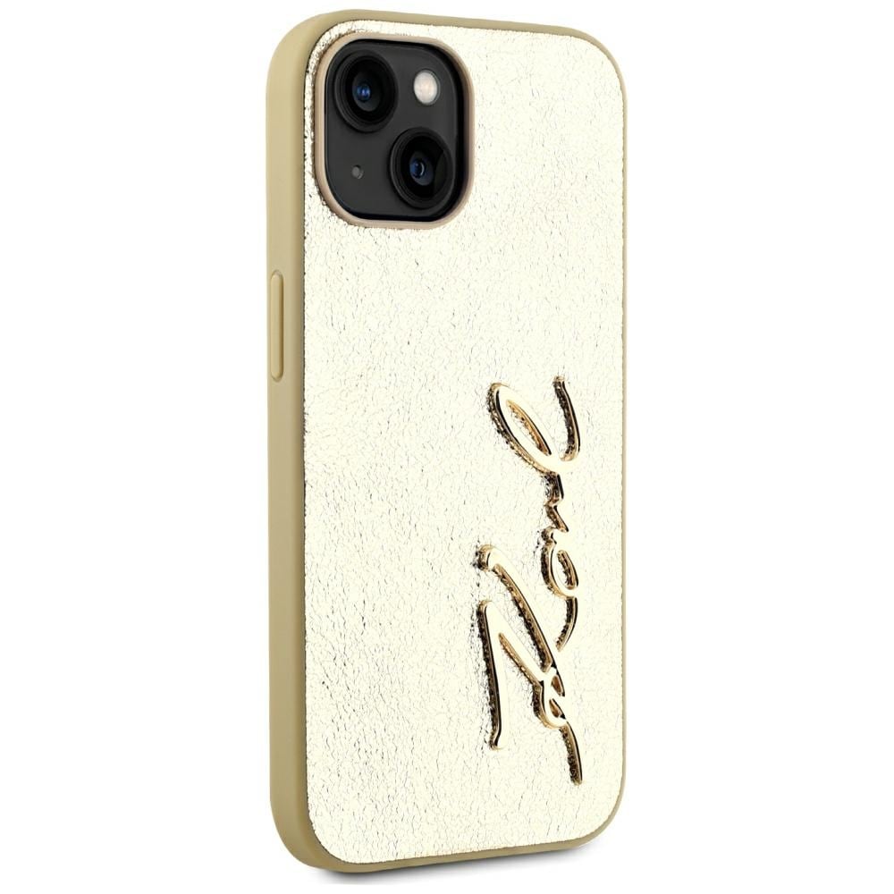Karl Lagerfeld iPhone 15-fodral med signatur i skrynklig metall - guld