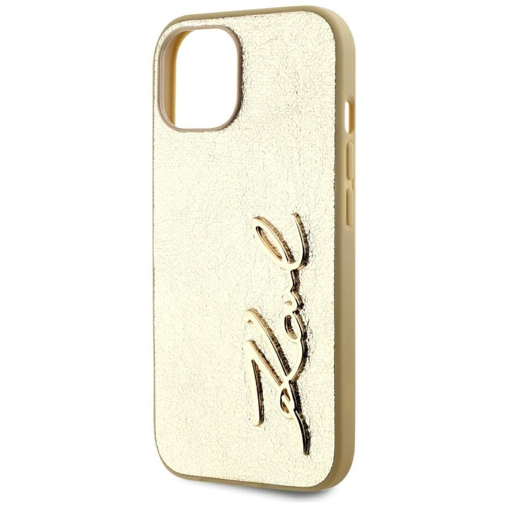 Karl Lagerfeld iPhone 15-fodral med signatur i skrynklig metall - guld