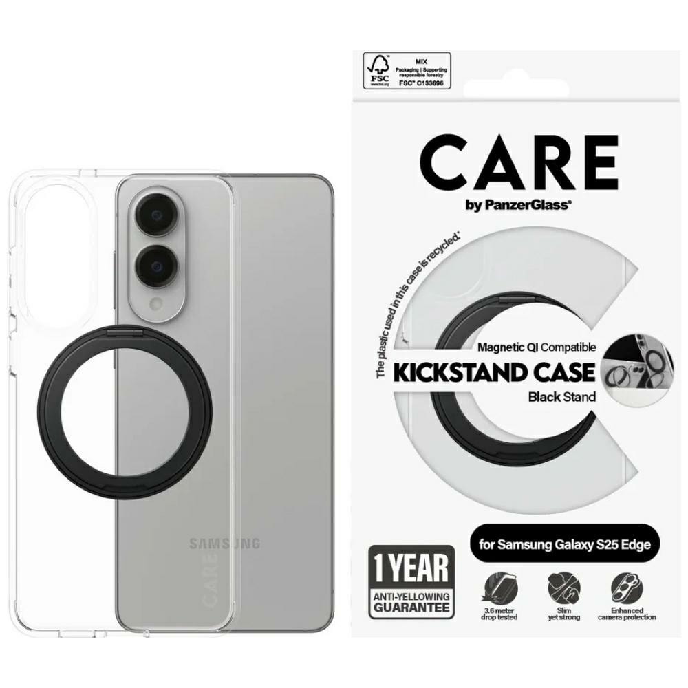 CARE by PanzerGlass Kickstand & QI Case for Samsung Galaxy S25 Edge - Transparent Black