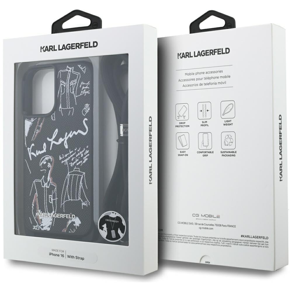 Karl Lagerfeld Crossbody Fodral med kornigt mönster och logotyp för iPhone 16 - Svart
