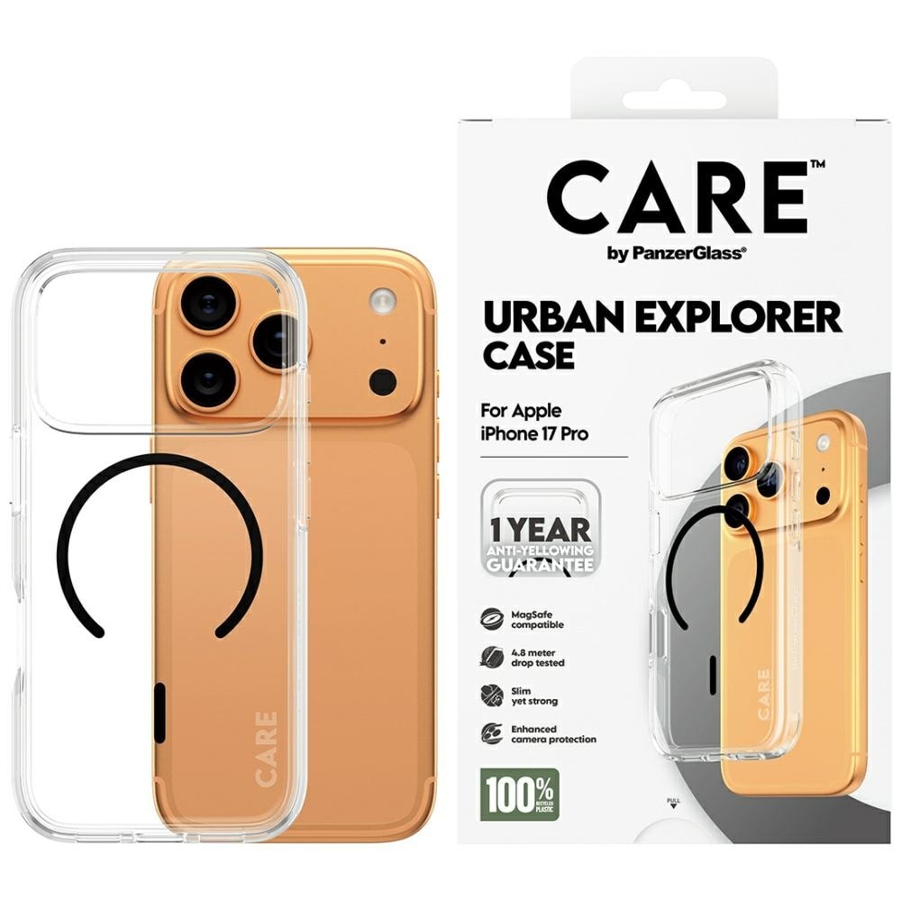 CARE by PanzerGlass Flagship Urban Explorer Fodral med svart MagSafe för iPhone 17 Pro - Transparent
