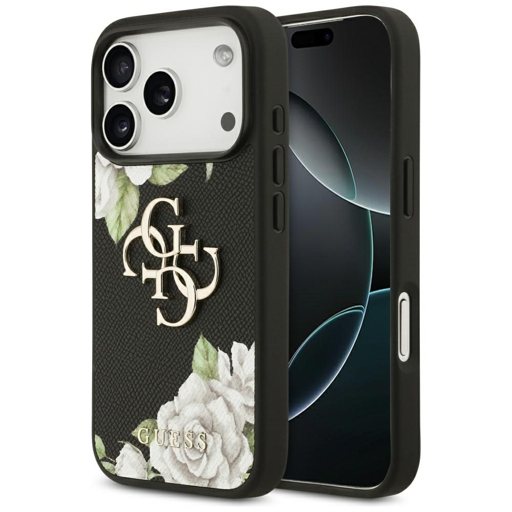 Guess Grainerade rosor och stor 4G-logotyp iPhone 17 Pro-fodral - svart