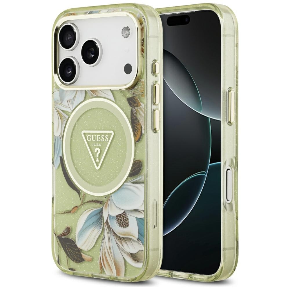 Guess IML Glitter Flowers Triangle MagSafe-fodral för iPhone 17 Pro Max - Grön
