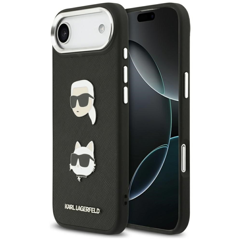Karl Lagerfeld FW Grained Karl & Choupette Heads Pins & Logo iPhone Luftfodral - Svart
