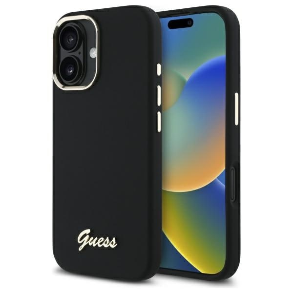 Guess Silikon Script Metal Logo & Frame Fodral för iPhone 16 Plus - Svart