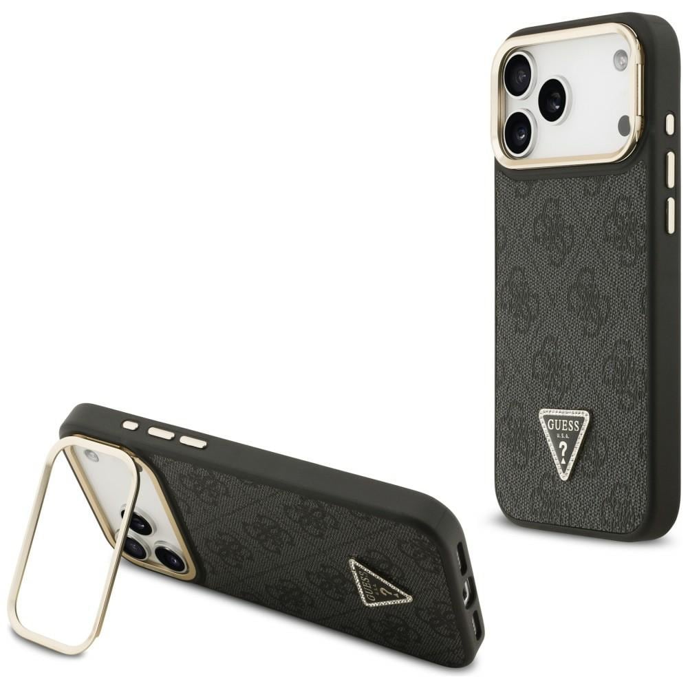 Guess 4G PU-fodral m triangulär logotyp, kamerastativ & MagSafe för iPhone 17 Pro Max – Svart
