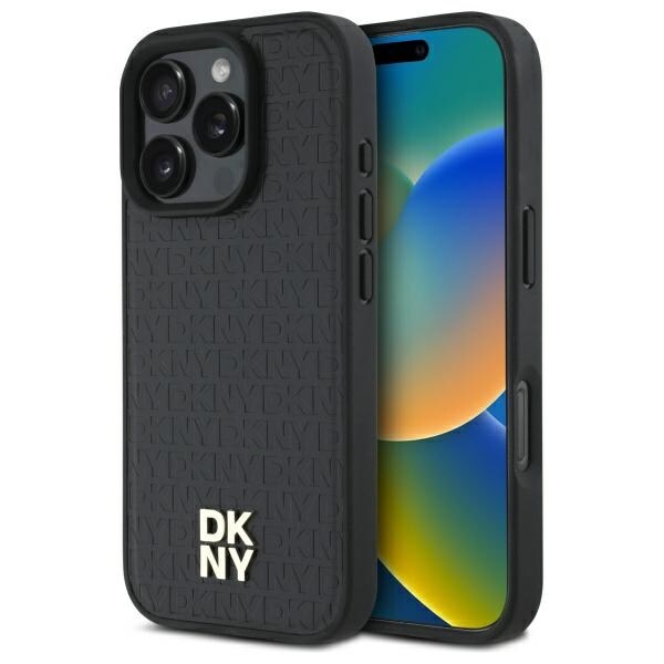 DKNY MagSafe iPhone 16 Pro-fodral med upprepat mönster och staplad logotyp - svart