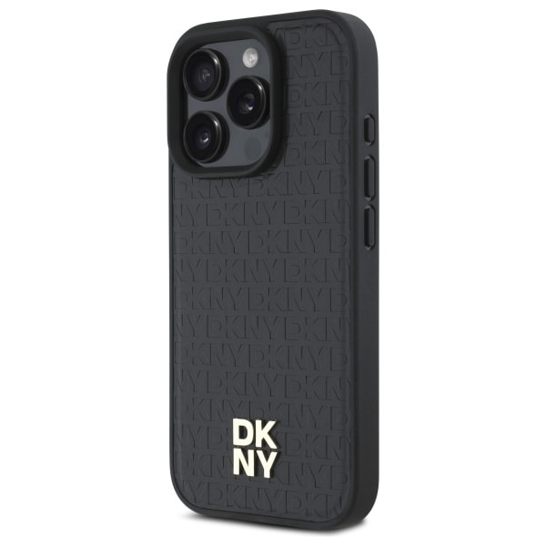 DKNY MagSafe iPhone 16 Pro-fodral med upprepat mönster och staplad logotyp - svart