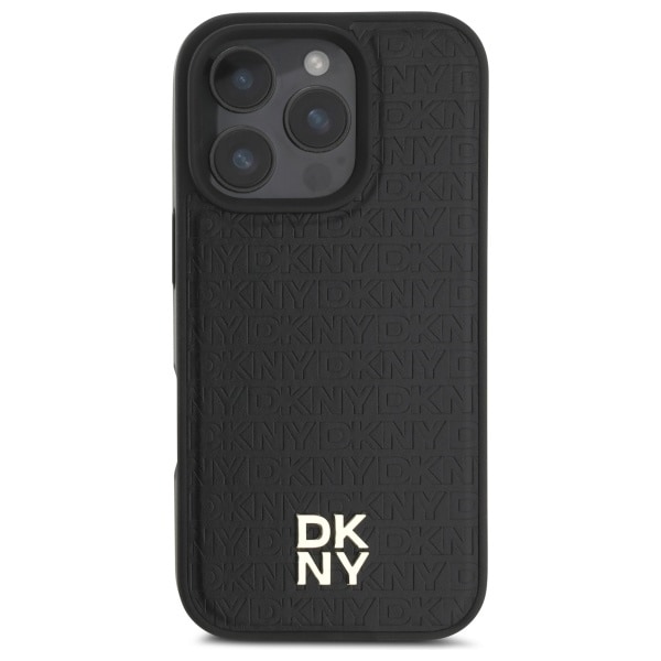 DKNY MagSafe iPhone 16 Pro-fodral med upprepat mönster och staplad logotyp - svart