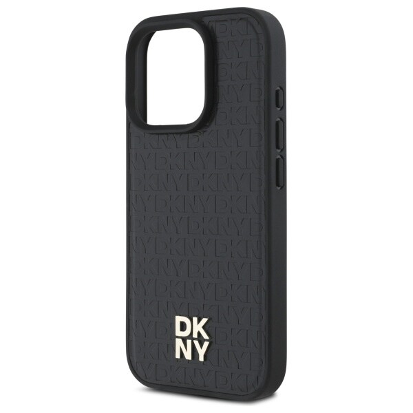 DKNY MagSafe iPhone 16 Pro-fodral med upprepat mönster och staplad logotyp - svart