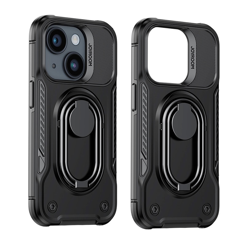 Joyroom Fodral med dubbla gångjärn för iPhone 14 pansarväska med stativ och ringhållare svart
