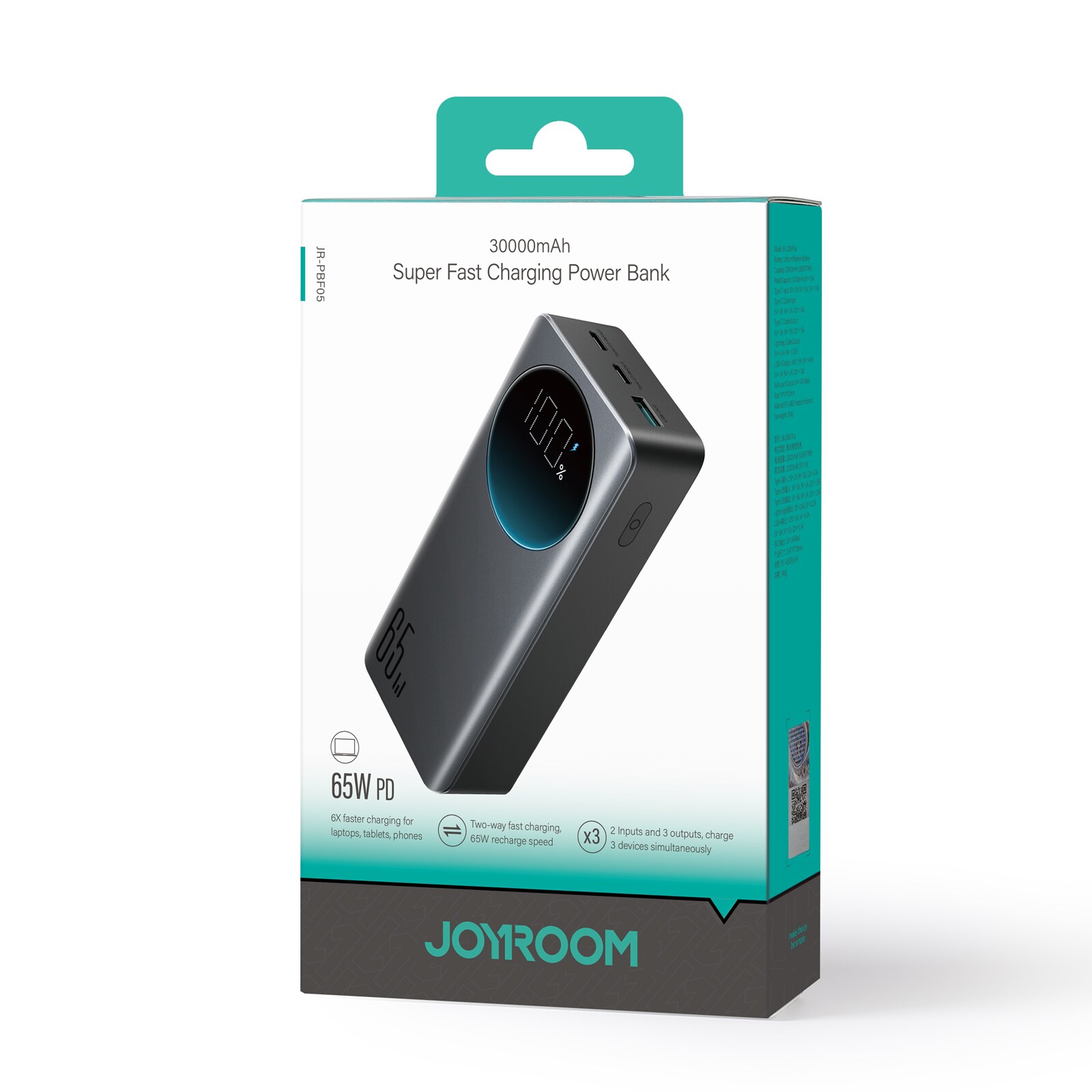 Joyroom 30000mAh 65W powerbank med digital display (JR-PBF05) - svart