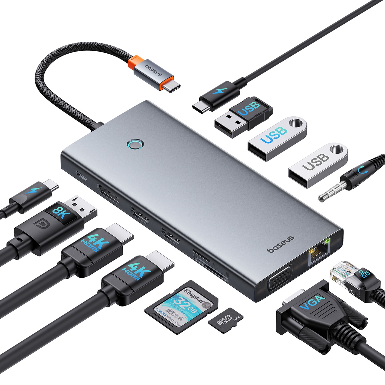 HUB Baseus PortalJoy 13in1 USB-C - 2x HDMI/DP/VGA/USB-A 3.1/USB-C 3.1/PD/RJ45/SD/TF/AUX - grå