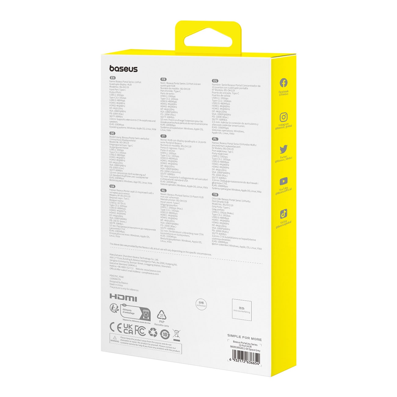 HUB Baseus PortalJoy 13in1 USB-C - 2x HDMI/DP/VGA/USB-A 3.1/USB-C 3.1/PD/RJ45/SD/TF/AUX - grå