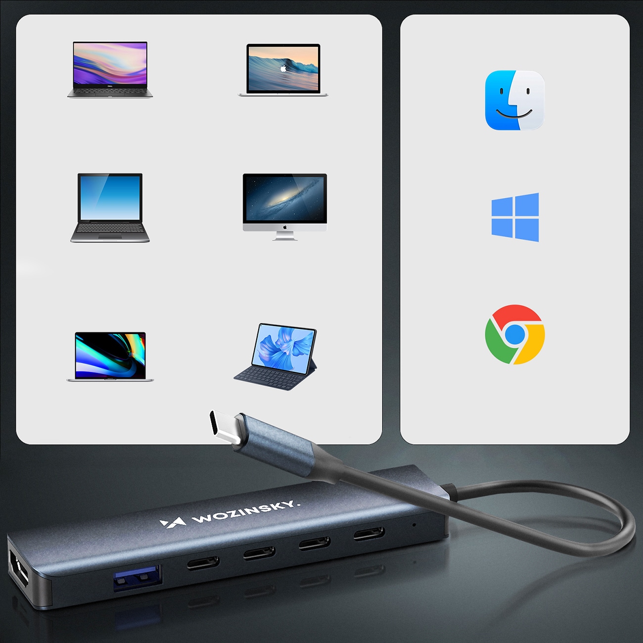USB-C 6 i 1-hubb Wozinsky WHBC10Y4S Multifunktionell, aluminium, med 25 cm kabel - Grå
