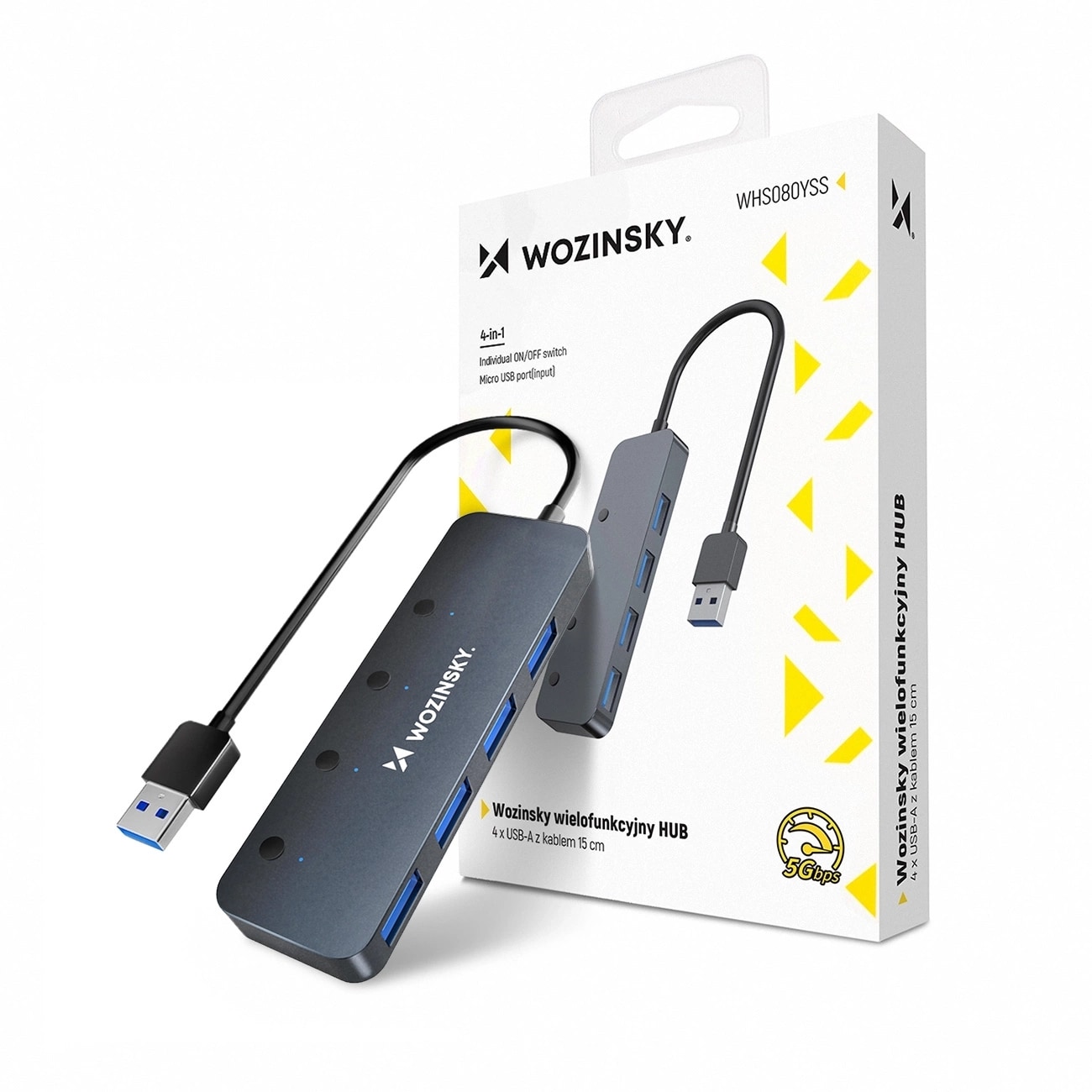 USB-A-hubb Wozinsky WHS080YSS 4 x USB-A 3.0 med switchar, aluminium, 30 cm kabel - grå