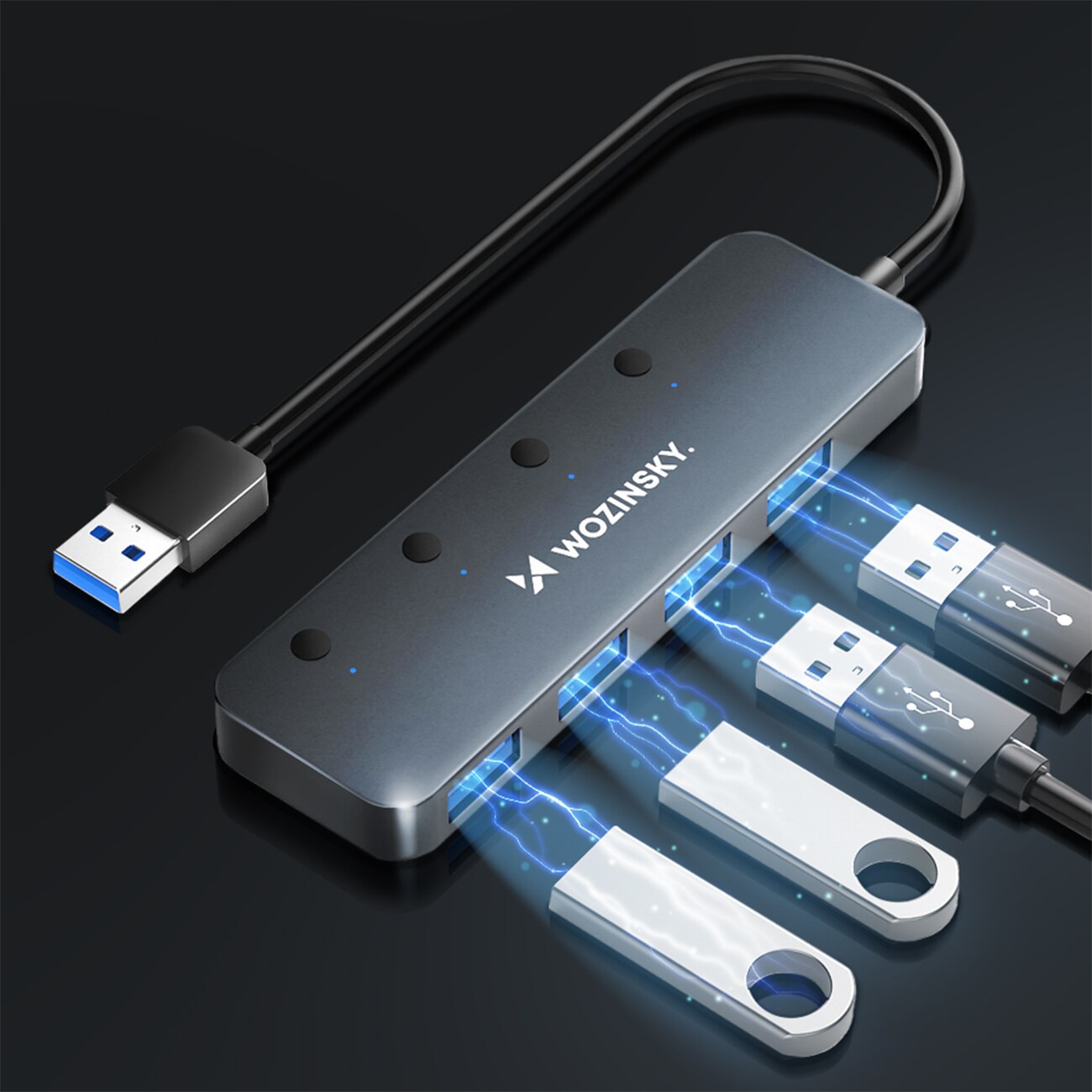 USB-A-hubb Wozinsky WHS080YSS 4 x USB-A 3.0 med switchar, aluminium, 30 cm kabel - grå