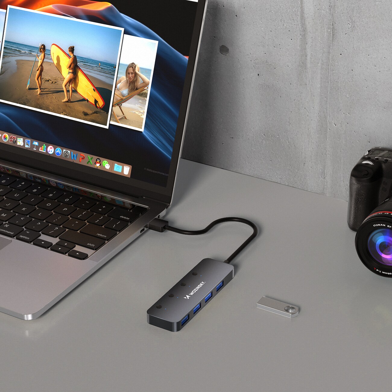 USB-A-hubb Wozinsky WHS080YSS 4 x USB-A 3.0 med switchar, aluminium, 30 cm kabel - grå