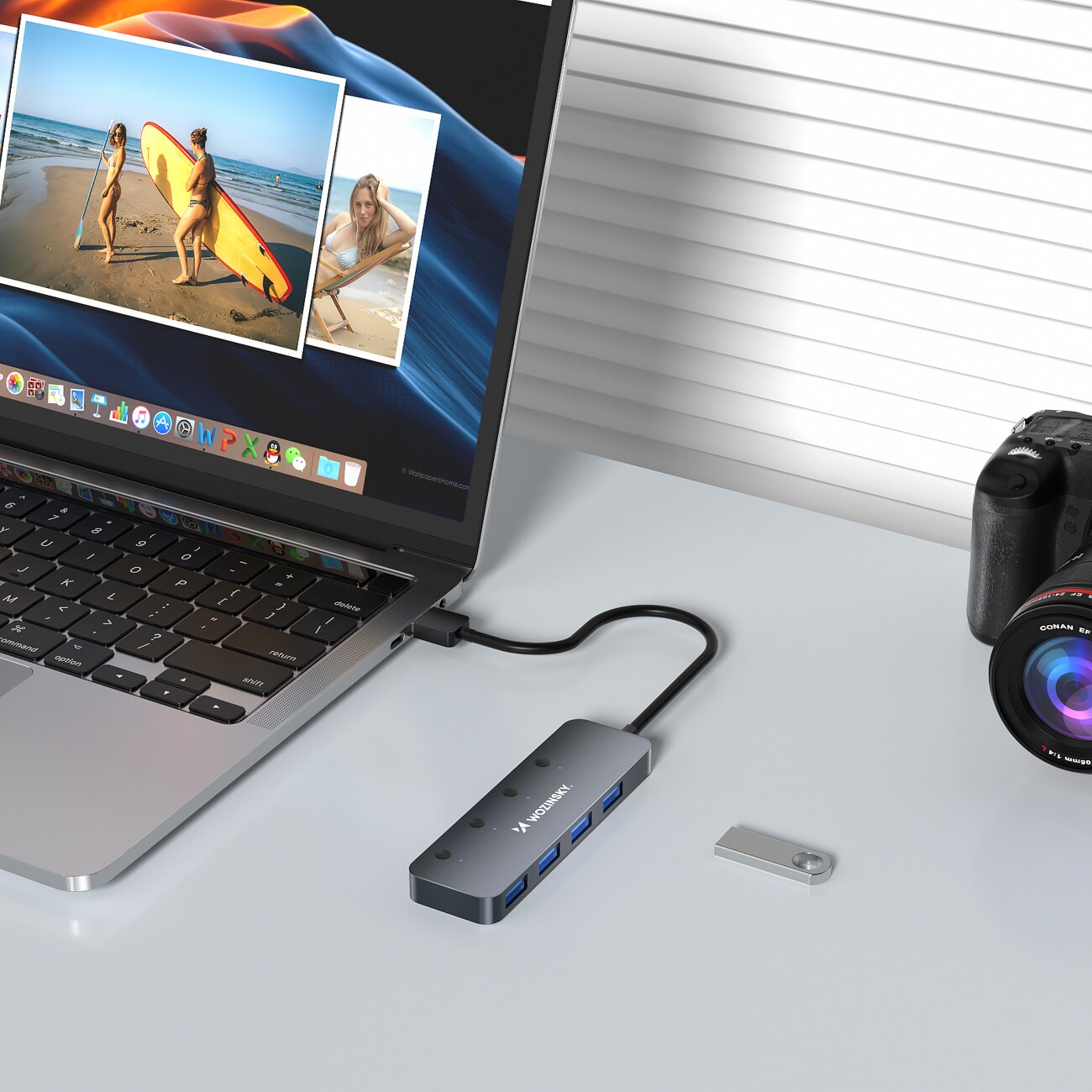 USB-A-hubb Wozinsky WHS080YSS 4 x USB-A 3.0 med switchar, aluminium, 30 cm kabel - grå