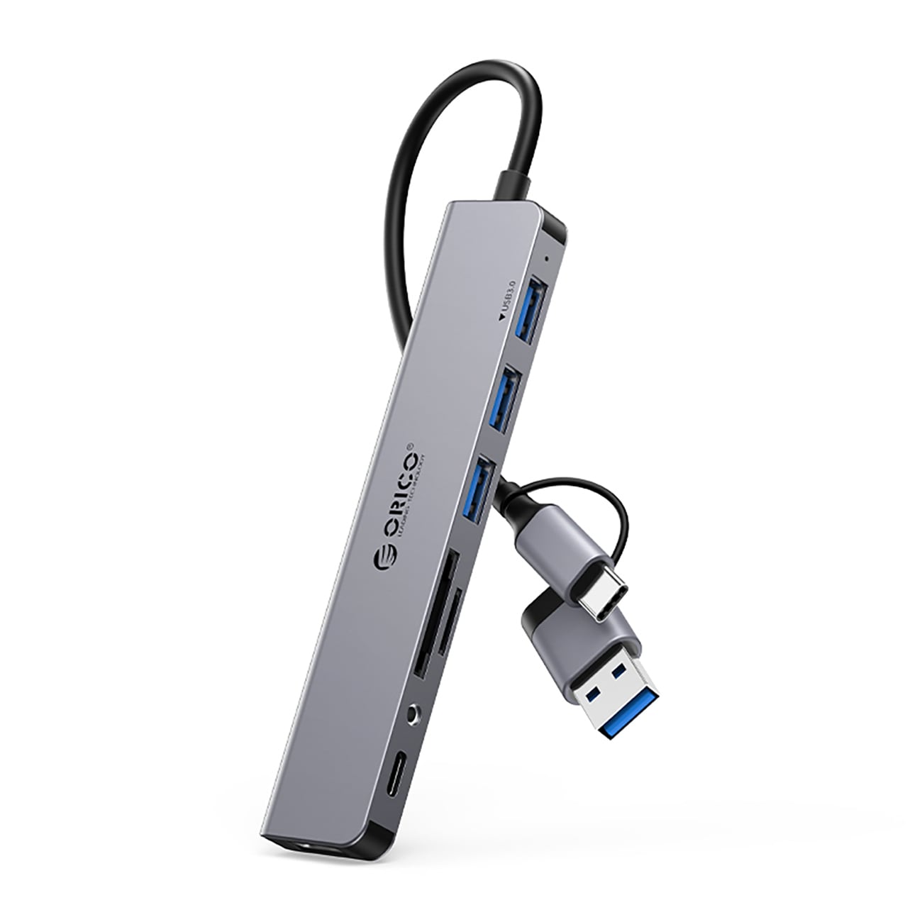 Orico YSA8-U3 Hub Dock: 3x USB-A 2.0, 1x USB-A 3.0, 1x USB-C 2.0, 1x 3.5mm Audio, 2x TF&SD - Grå