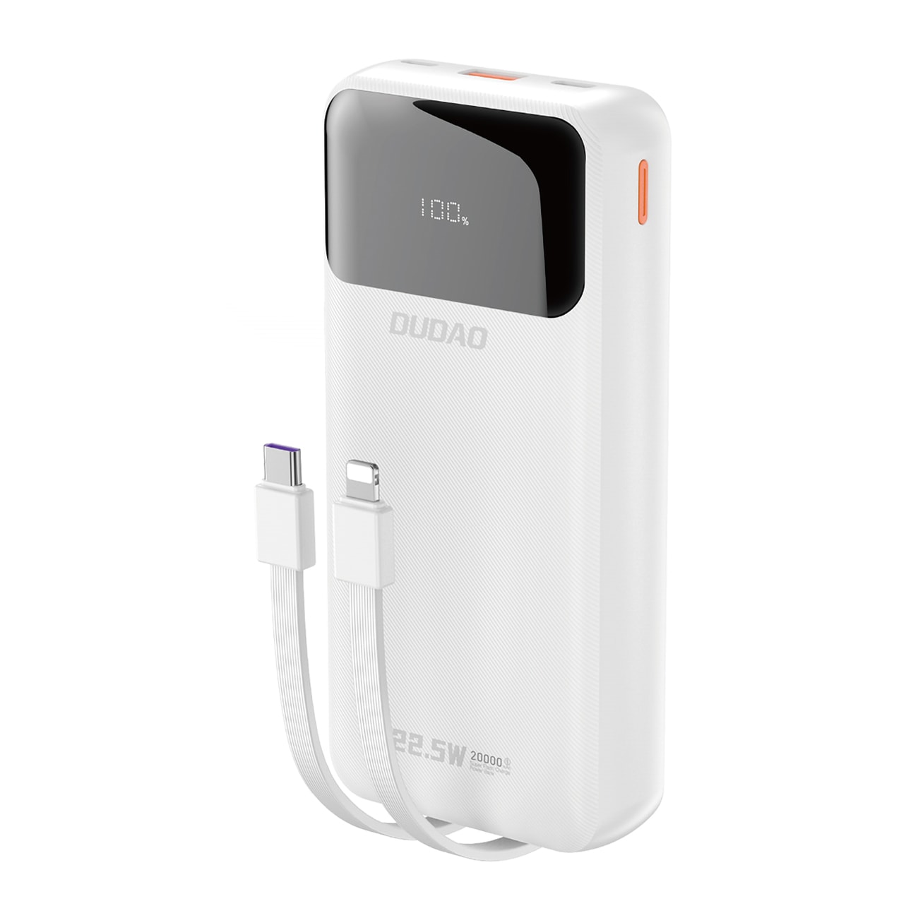Dudao K15Pro Power Bank 20000mAh 22,5W PD USB-C / USB-A / Inbyggda Lightning- och USB-C-kablar - Vit