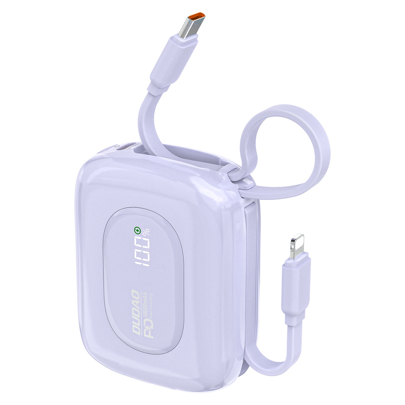 Dudao K32 22,5W 10000 mAh Powerbank med inbyggd USB-C/ Lightning-kabel - Lila