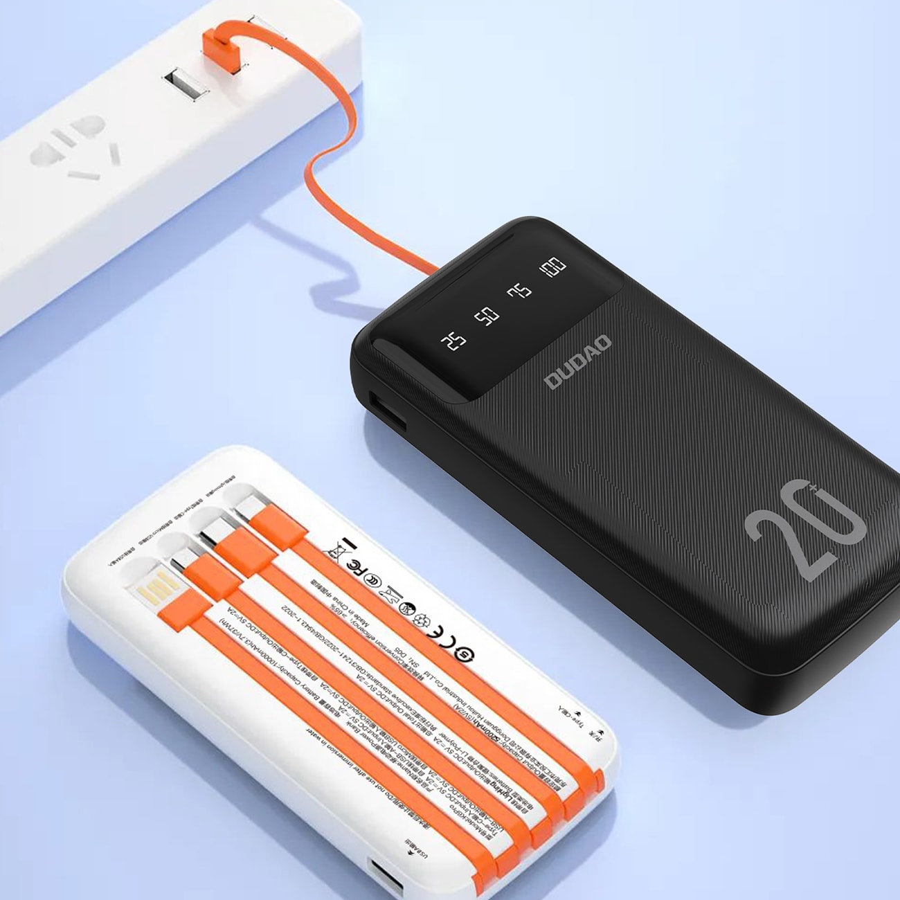 Dudao 20000mAh powerbank med 3 kablar USB Type C, micro USB, Lightning - svart (K6Pro+)