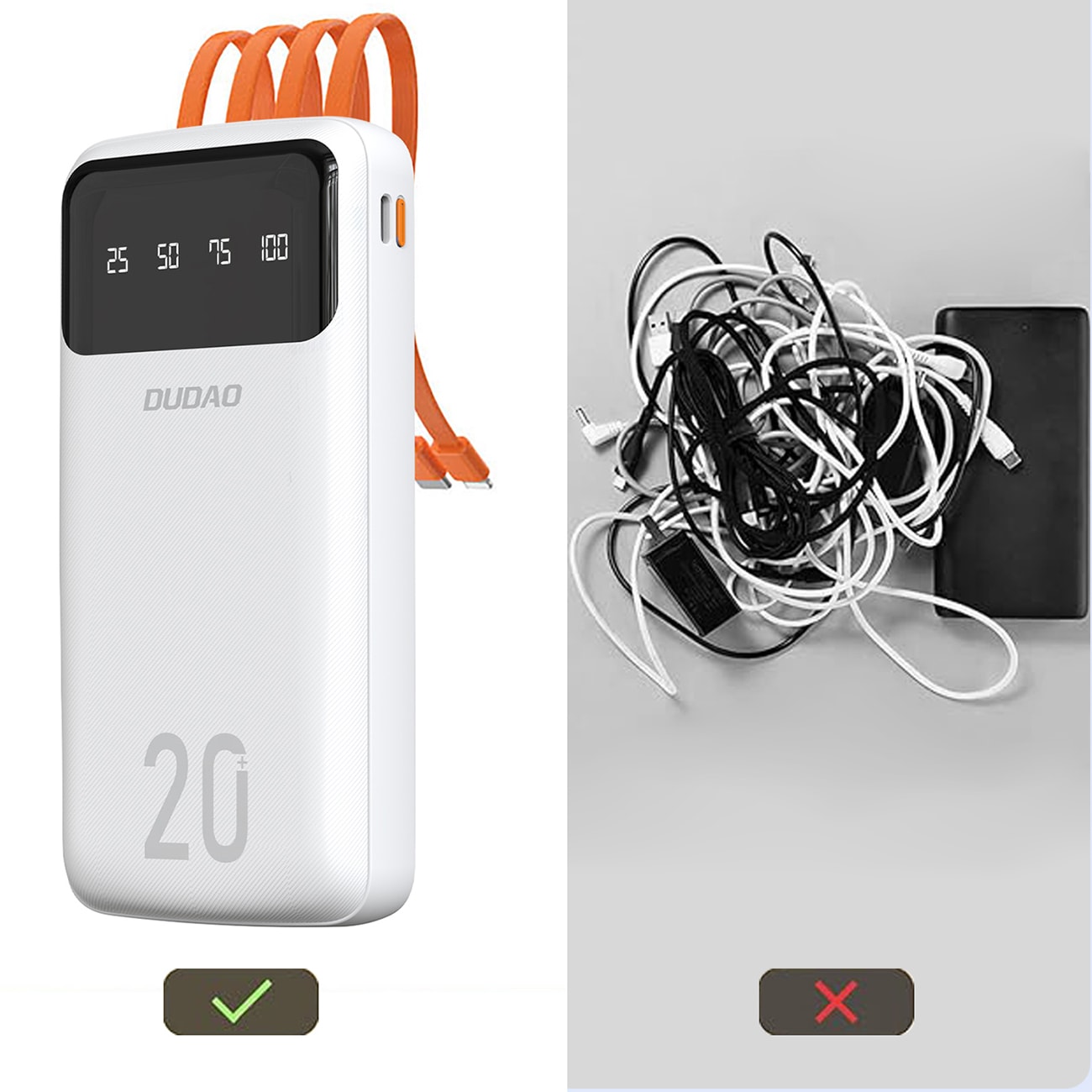 Dudao 20000mAh powerbank med 3 kablar USB Type C, micro USB, Lightning - svart (K6Pro+)