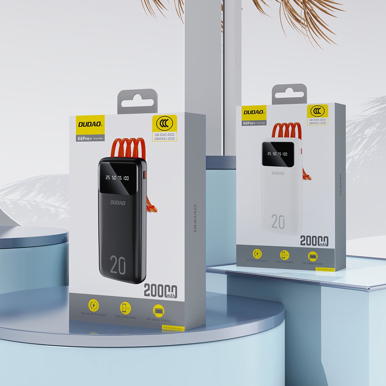 Dudao 20000mAh powerbank med 3 kablar USB Type C, micro USB, Lightning - svart (K6Pro+)