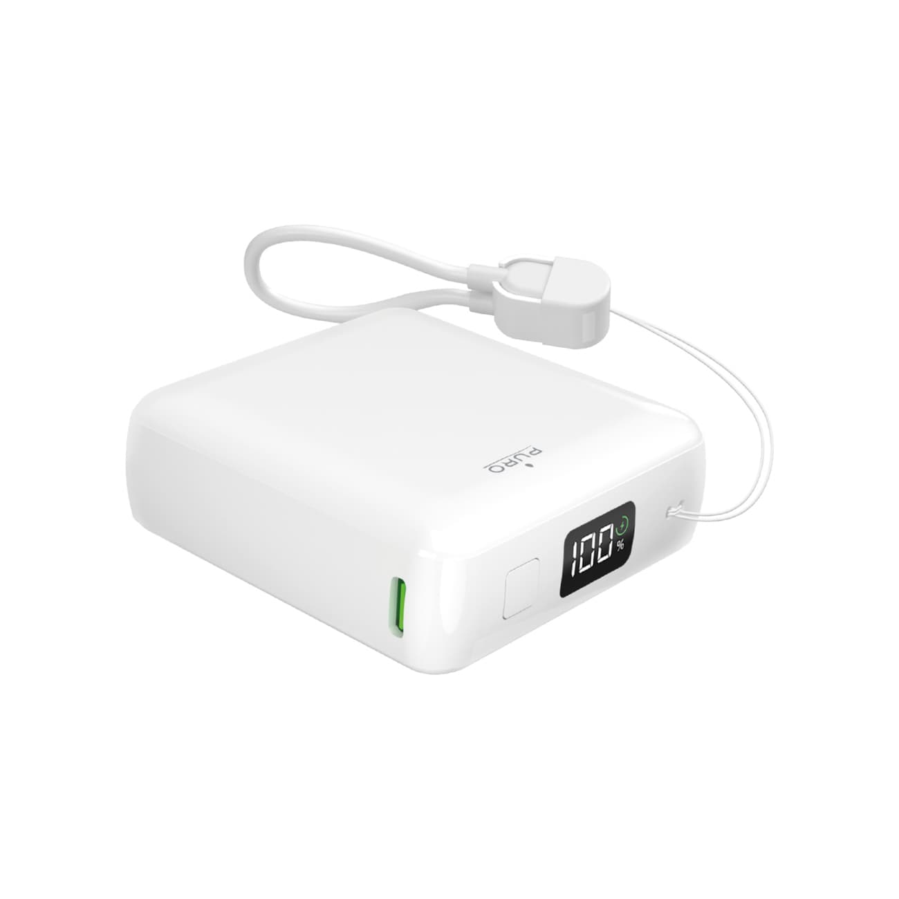 Puro 10000mAh 20W USB-C USB-A Power Bank med display och inbyggd USB-C-kabel - Vit