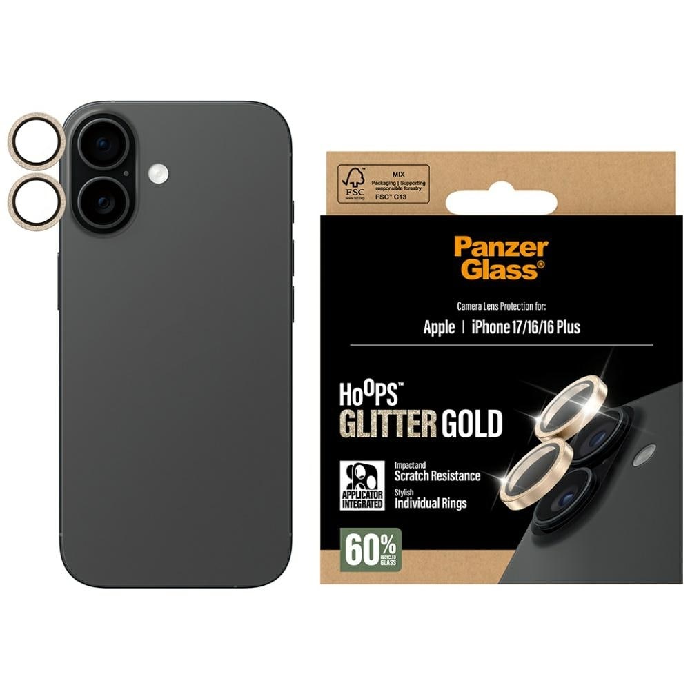 PanzerGlass Hoops Glitter härdat glaslins skärmskydd för iPhone 17 / 16 / 16 Plus - Guld