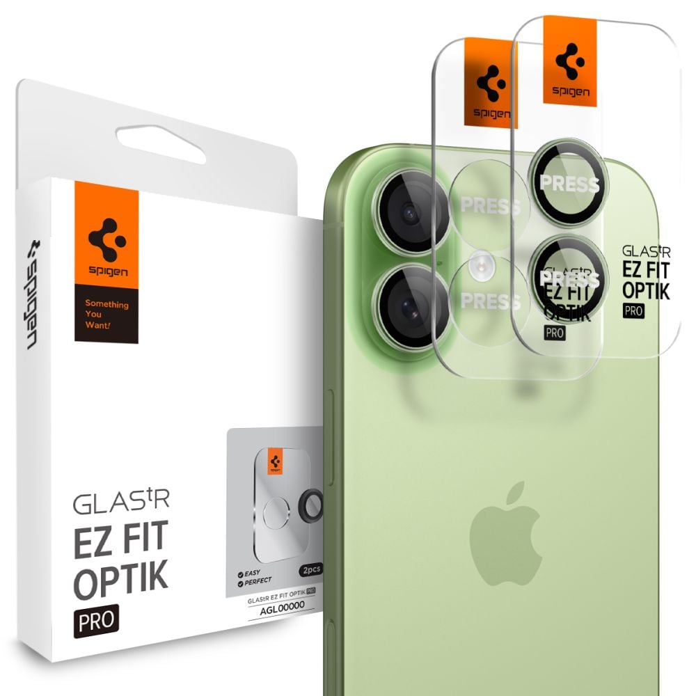 Spigen Optik Pro GLAS.TR "EZ FIT" kameraskydd 2-pack för iPhone 16 / 16 Plus / 17 - Grön