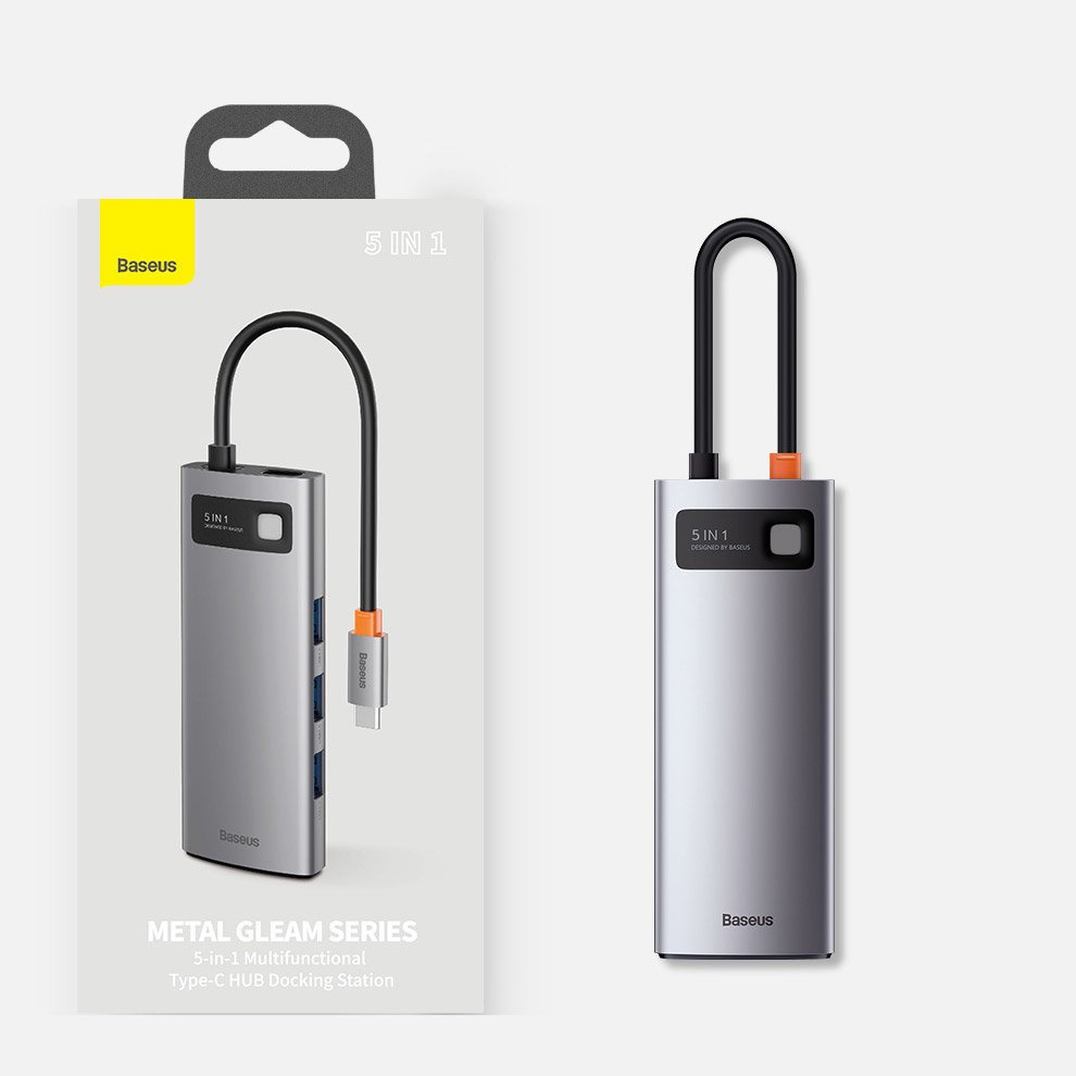 Baseus Metal Gleam Series 5-in-1 USB-C Hub - 100W Power, 4K HDMI, 3x USB 3.2 Gen 1 (CAHUB-CX0G)