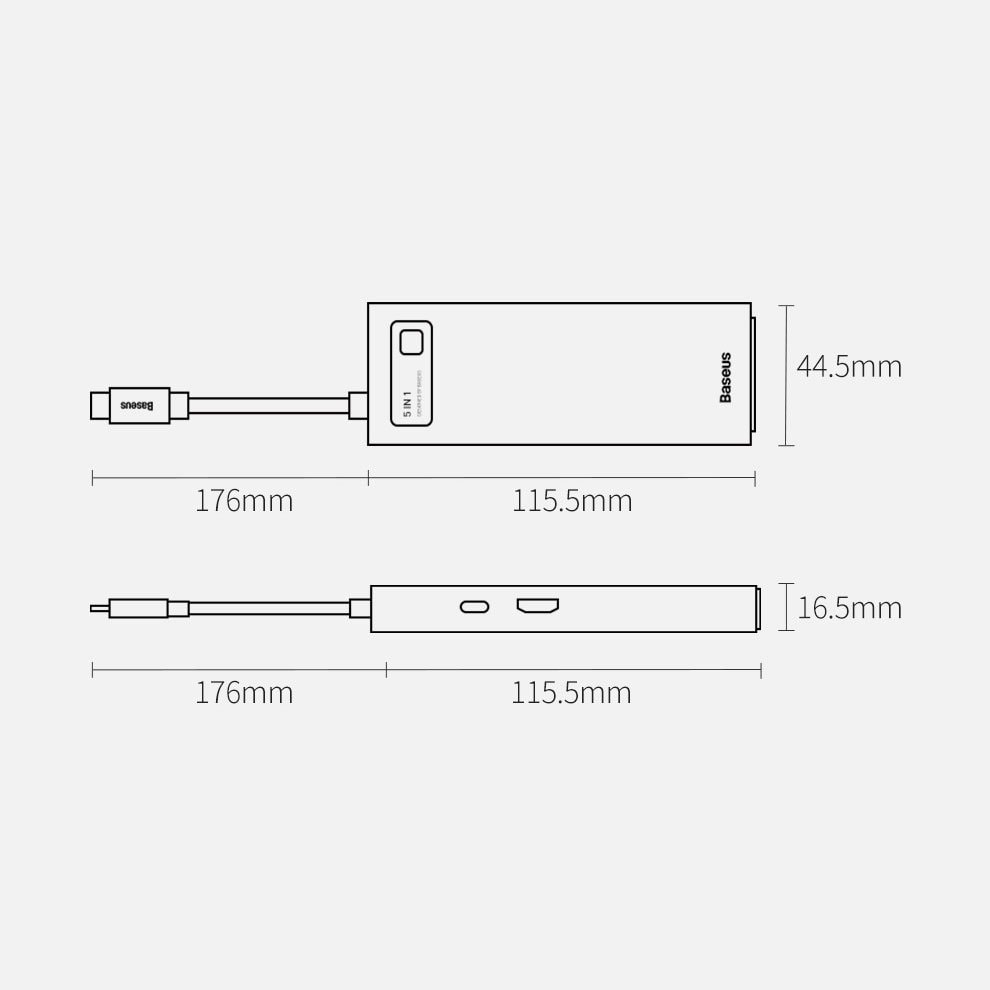 Baseus Metal Gleam Series 5-in-1 USB-C Hub - 100W Power, 4K HDMI, 3x USB 3.2 Gen 1 (CAHUB-CX0G)