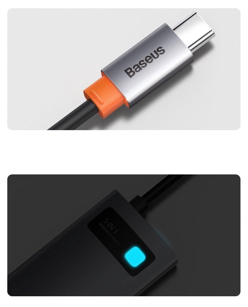 Baseus Metal Gleam Series 5-in-1 USB-C Hub - 100W Power, 4K HDMI, 3x USB 3.2 Gen 1 (CAHUB-CX0G)