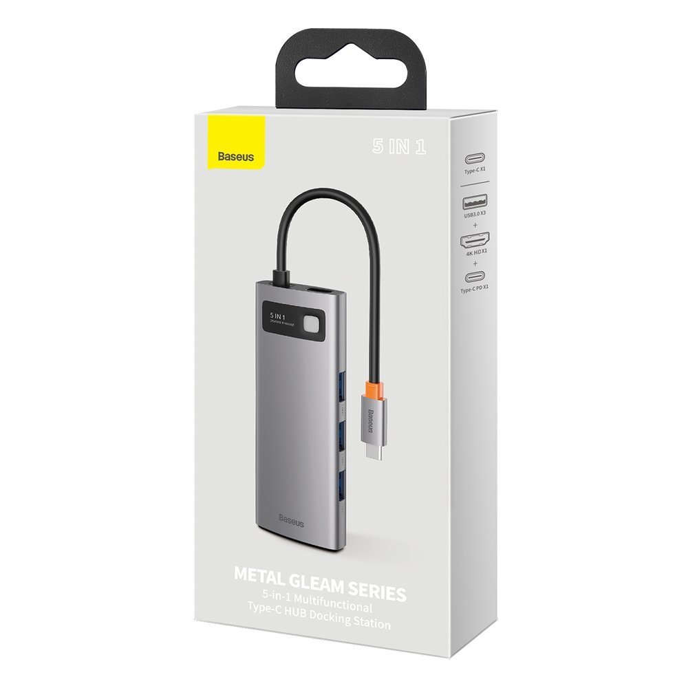 Baseus Metal Gleam Series 5-in-1 USB-C Hub - 100W Power, 4K HDMI, 3x USB 3.2 Gen 1 (CAHUB-CX0G)