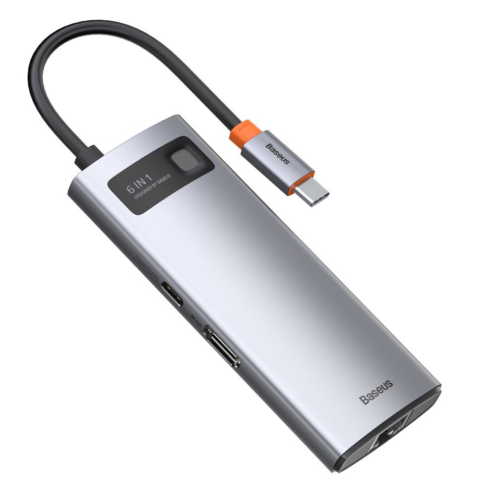 Baseus Metal Gleam 6-i-1 USB-C - USB-C PD 100W HUB 1x HDMI 4K 30Hz 3x USB-A 3.2 1x RJ45 - grå