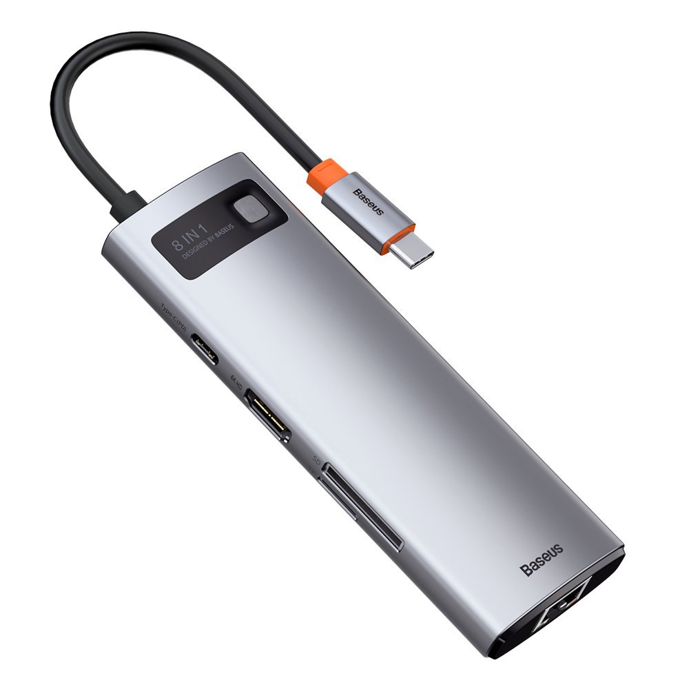 Baseus Metal Gleam 8in1 USB-C Hub - PD 100W, HDMI 4K 30Hz, SD/microSD, 3x USB-A 3.2, RJ45 - grå