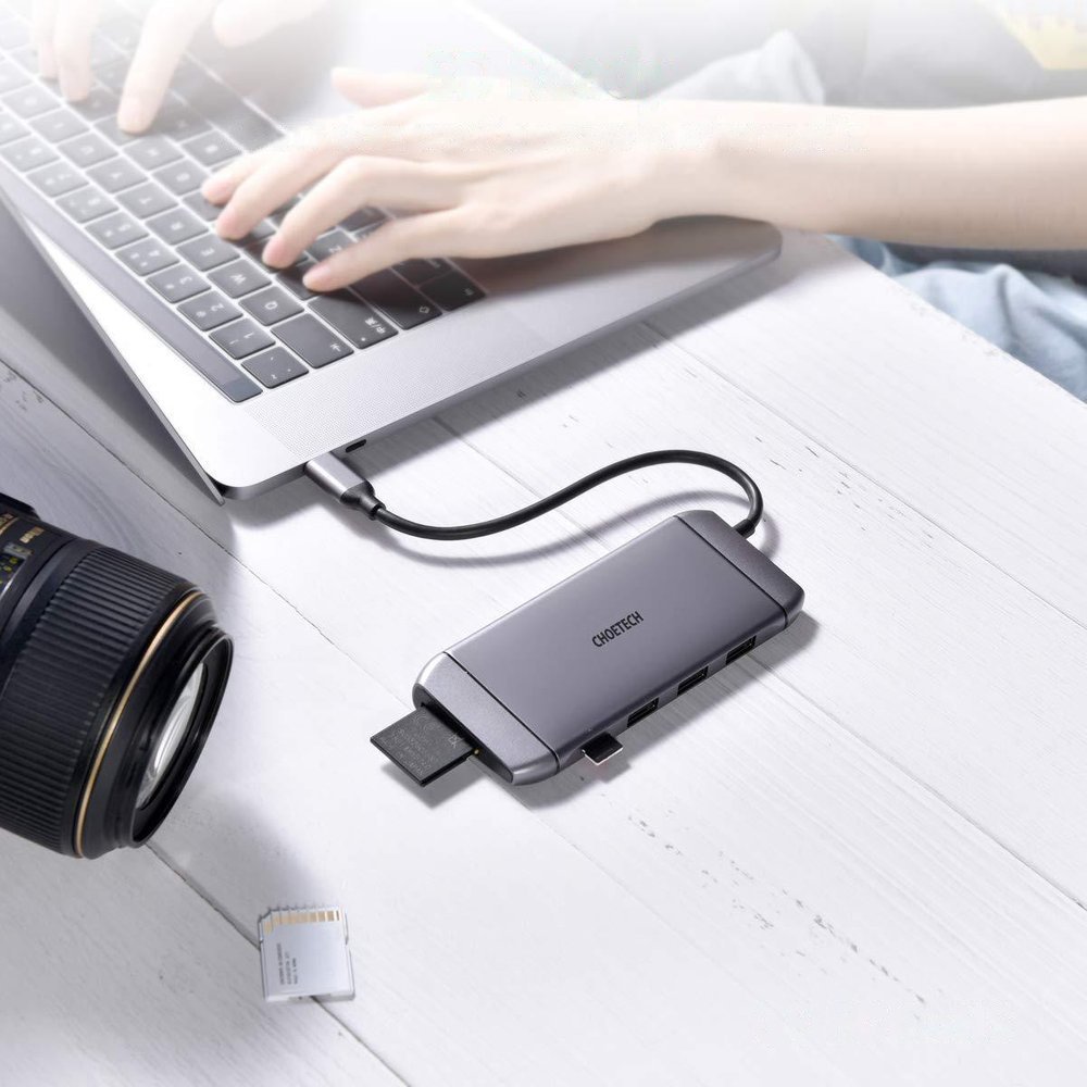 Choetech 9in1 USB Type C HUB - 3x USB 3.2 Gen 1, SD/TF-kortläsare, HDMI 4K, VGA 60Hz, RJ45, grå