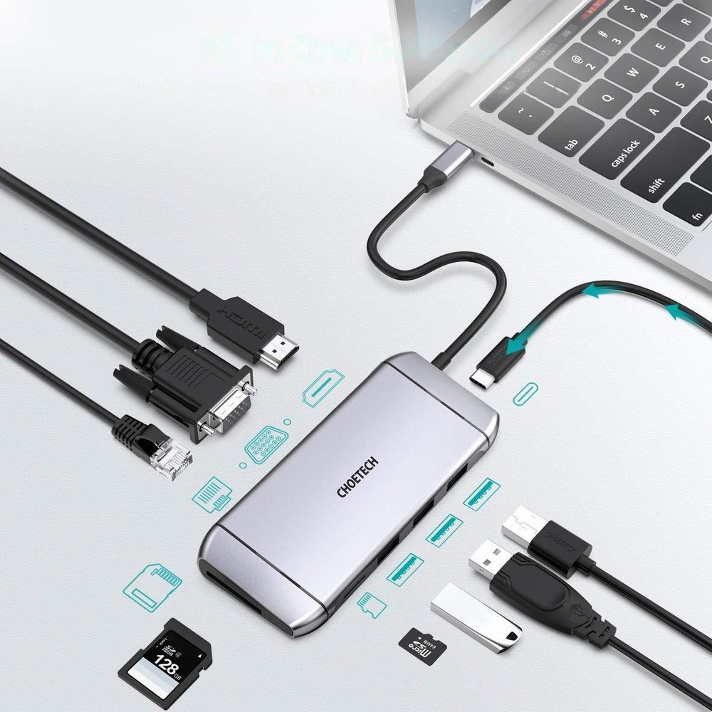 Choetech 9in1 USB Type C HUB - 3x USB 3.2 Gen 1, SD/TF-kortläsare, HDMI 4K, VGA 60Hz, RJ45, grå