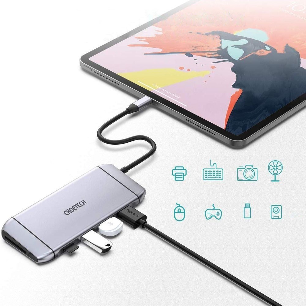 Choetech 9in1 USB Type C HUB - 3x USB 3.2 Gen 1, SD/TF-kortläsare, HDMI 4K, VGA 60Hz, RJ45, grå