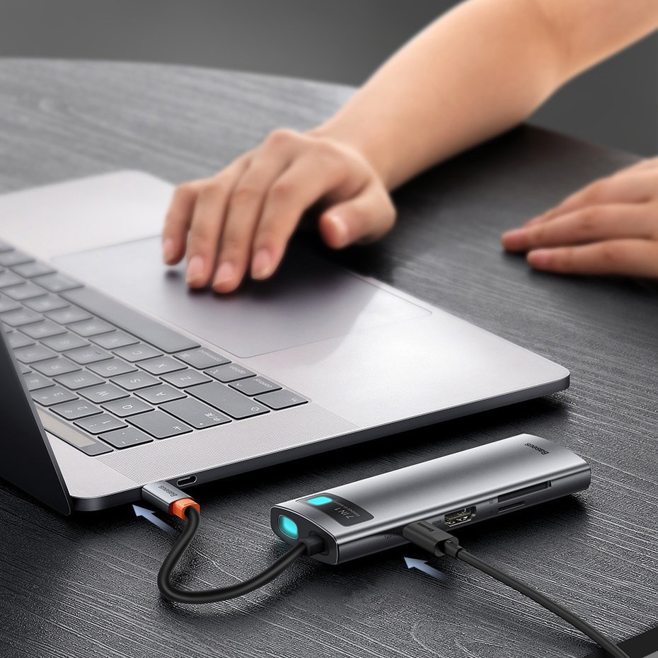 Baseus Metal Gleam Series multifunktionell USB HUB 7in1 Typ C HDMI TF PD kortläsare grå (WKWG020113)