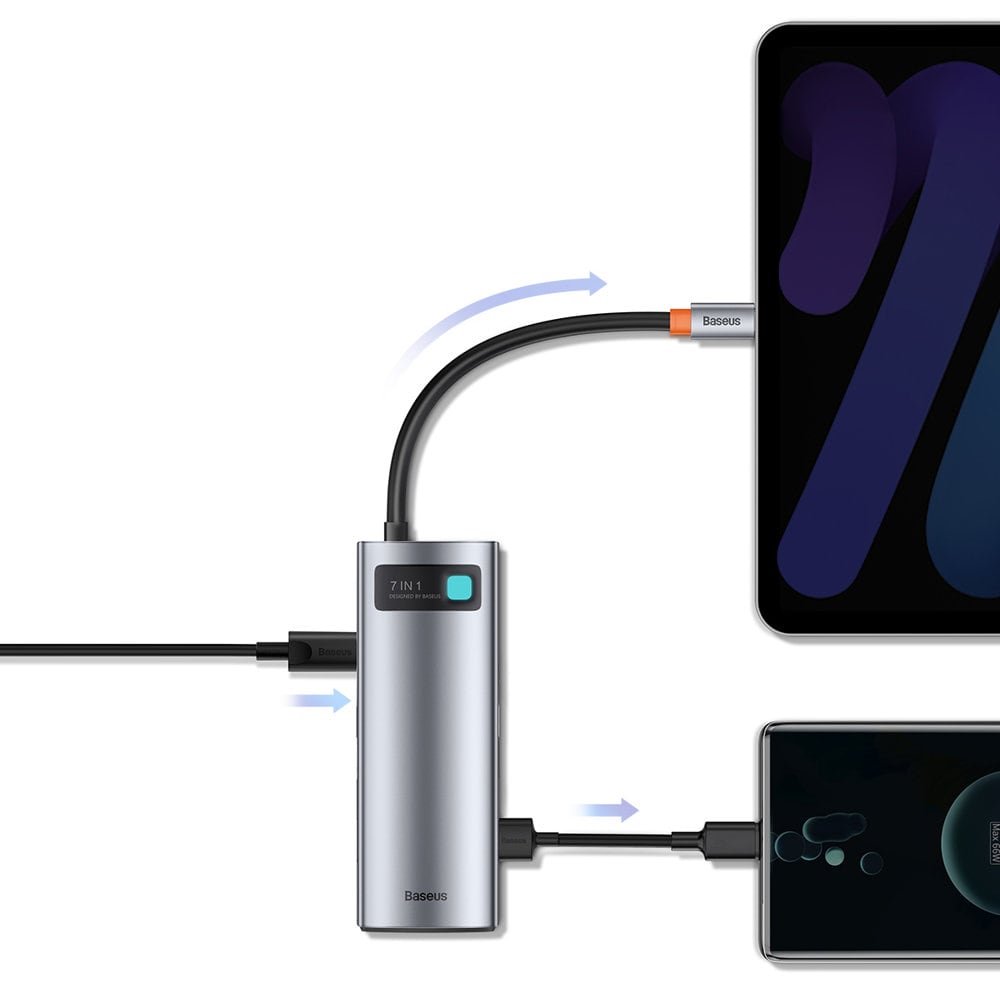 Baseus Metal Gleam Series multifunktionell USB HUB 7in1 Typ C HDMI TF PD kortläsare grå (WKWG020113)