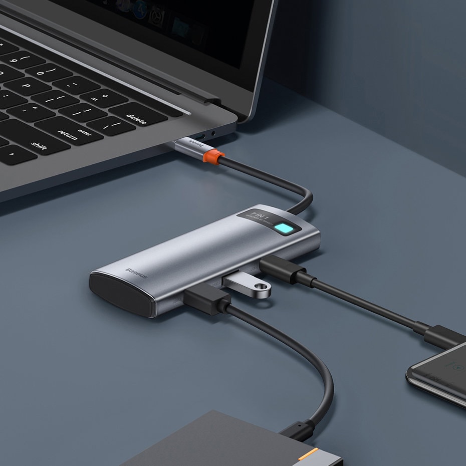 Baseus Metal Gleam Series multifunktionell USB HUB 7in1 Typ C HDMI TF PD kortläsare grå (WKWG020113)