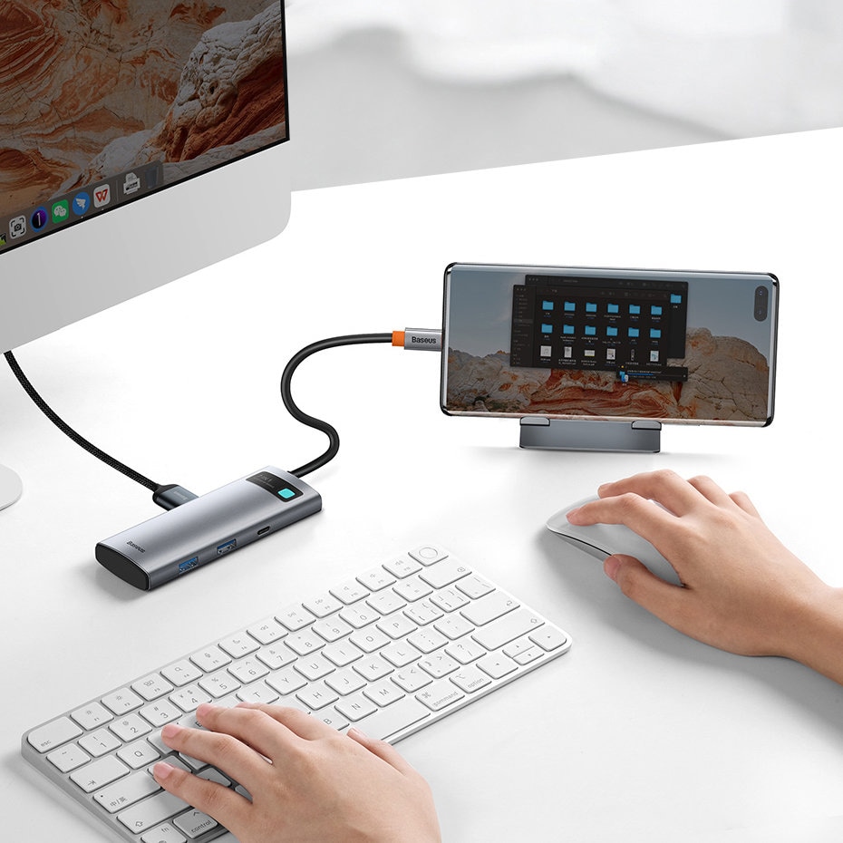 Baseus Metal Gleam Series multifunktionell USB HUB 7in1 Typ C HDMI TF PD kortläsare grå (WKWG020113)